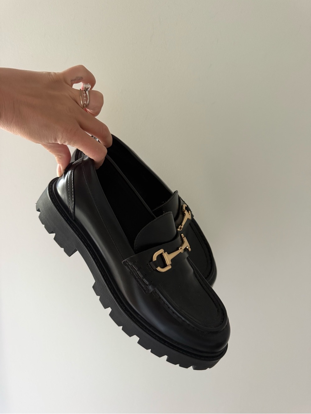 H&M Chunky Black Leather Loafers with Gold Bit